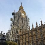 Image of Big Ben clock tower in London. Building has scaffolding around it