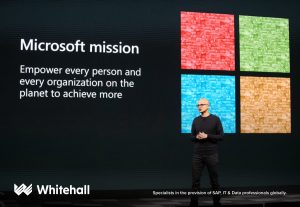 Microsoft CEO Satya Nadella speaks onstage at MWC Barcelona.